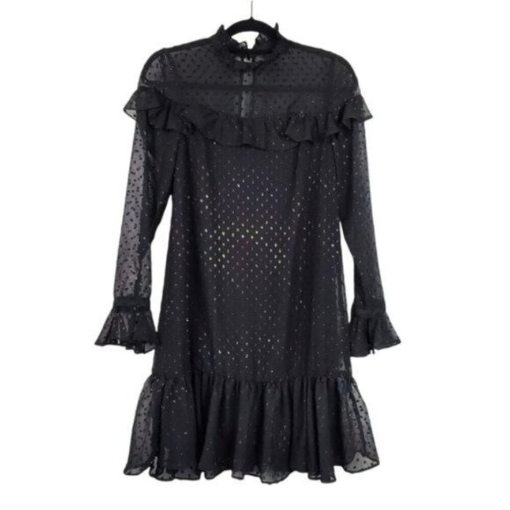 Betsey Johnson Womens Long Sleeve Black Shimmer Ruffle Shift Mini Dress Size 0 - Picture 6 of 9
